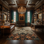 Zebra fusion rug blending bold stripes with a coral floral border in a wood-paneled library