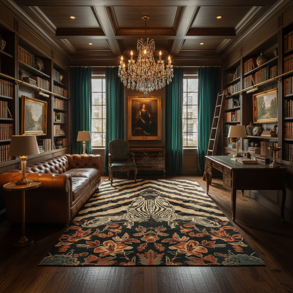 Zebra fusion rug blending bold stripes with a coral floral border in a wood-paneled library