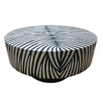 Zebra Harmony bone inlay round coffee table — black and white zebra-stripe inlay radiating from center, white background.