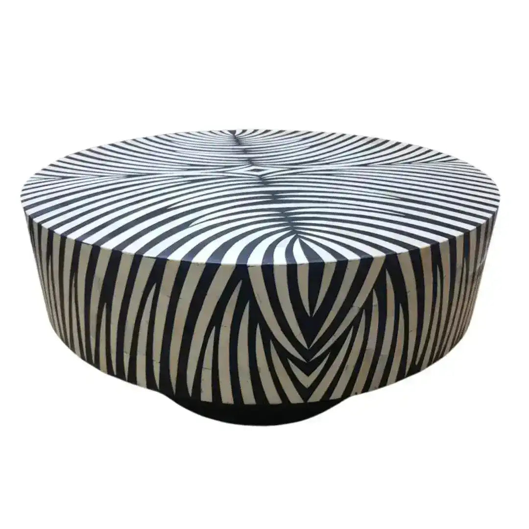 Zebra Harmony bone inlay round coffee table — black and white zebra-stripe inlay radiating from center, white background.