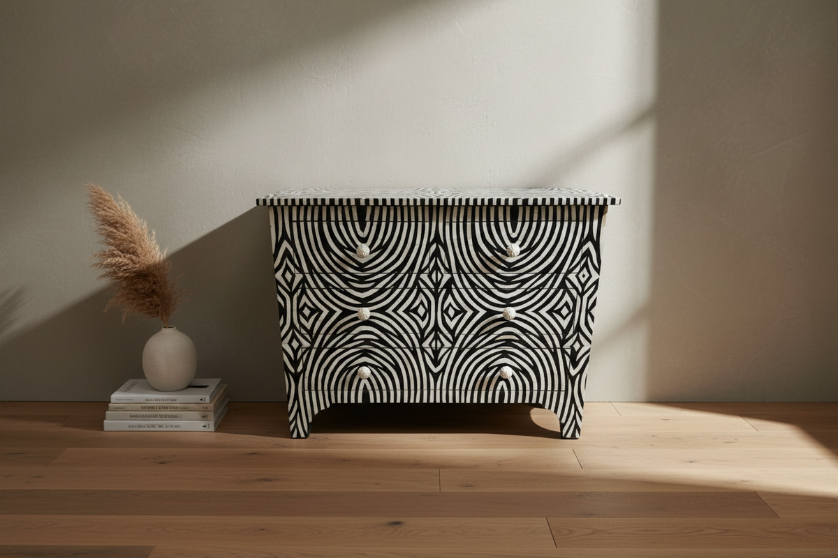 Zebra noir bone inlay 6 drawers chest with swirling black and white concentric patterns.