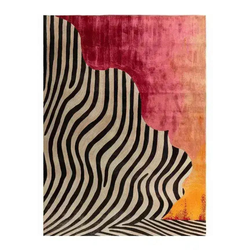 Zebra Stripe Hand Tufted Wool Rug featuring bold black and white abstract patterns with vibrant red and orange sections. This contemporary area rug is perfect for adding a striking design element to living rooms or bedrooms, offering a unique blend of style and comfort as a wool rug.
