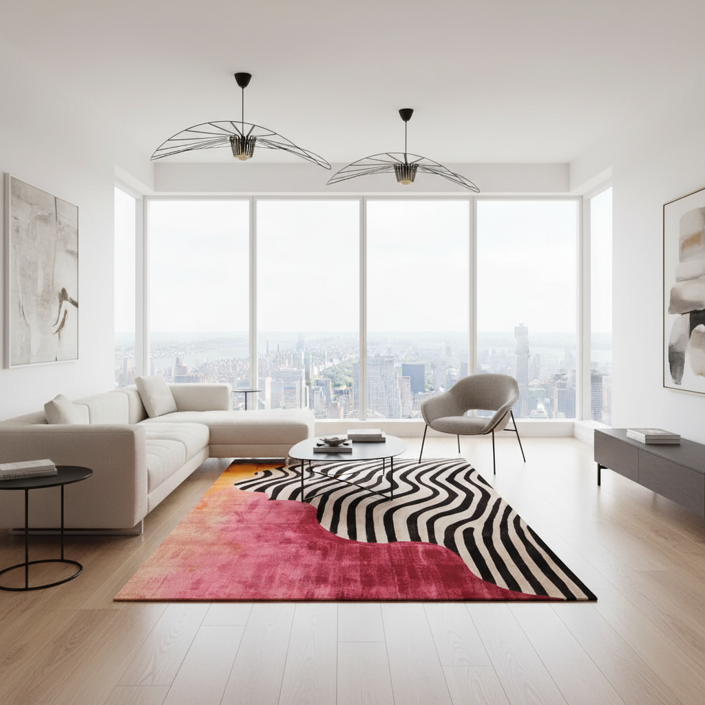 Modern living room with a colorful rug, white sofa, and cityscape view.