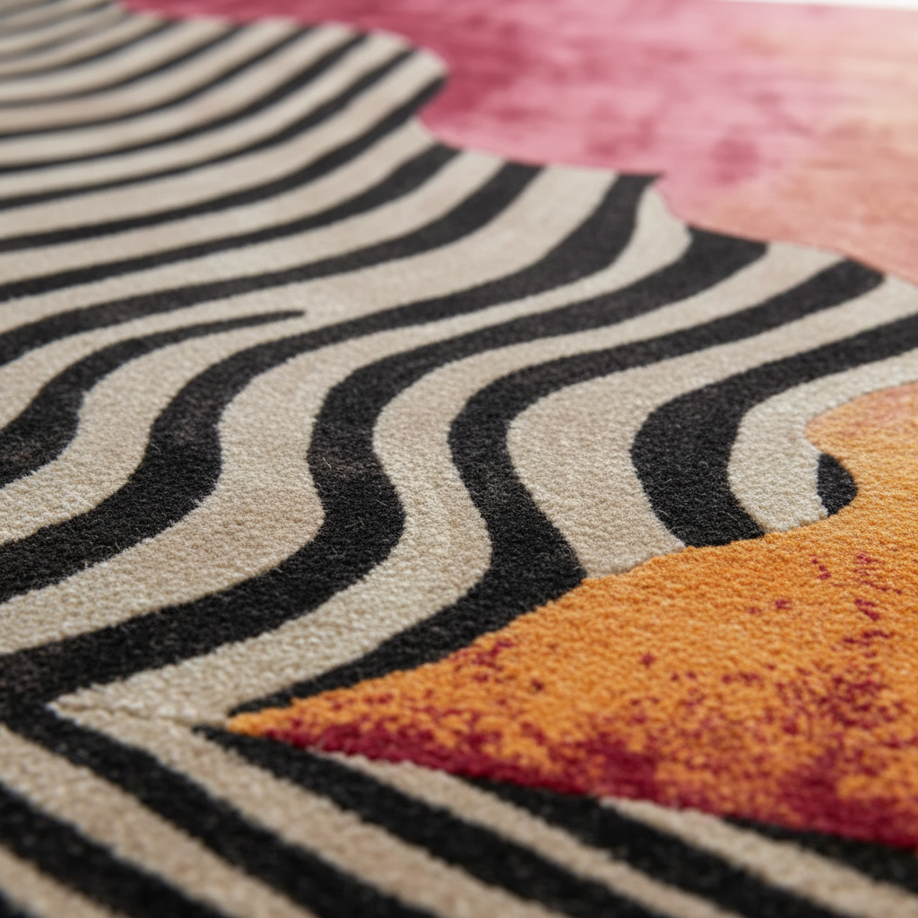 Close-up of a rug with black and white wavy pattern and orange triangle