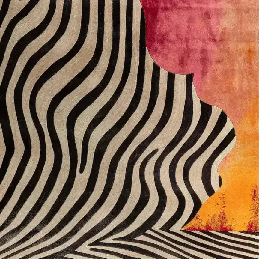 A striking area rug with zebra stripe patterns and vibrant red and orange abstract design, perfect for enhancing any living room or bedroom decor. This contemporary wool rug adds a touch of modern elegance to your space.