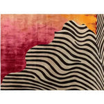 Contemporary area rug with zebra stripes and vibrant color blocks, ideal for living rooms and bedrooms. This hand-tufted wool rug features bold black and white zebra patterns contrasted with rich red and orange hues, perfect for adding a modern touch to any space.