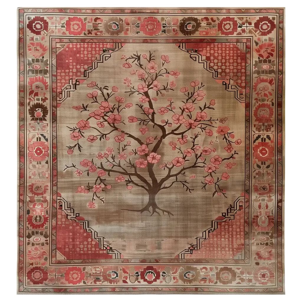 Zen Blooms Hand Tufted Wool Rug featuring an elegant cherry blossom design in pink and brown tones, ideal for living room decor. This 8x10 area rug showcases intricate border details, perfect for enhancing luxury and warmth in any space.