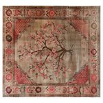 Top view of the Zen Blooms Hand Tufted Wool Rug, showcasing an elegant cherry blossom design with intricate floral borders. This 8x10 area rug is perfect for living rooms, offering a blend of traditional charm and modern aesthetics, crafted from luxurious wool.