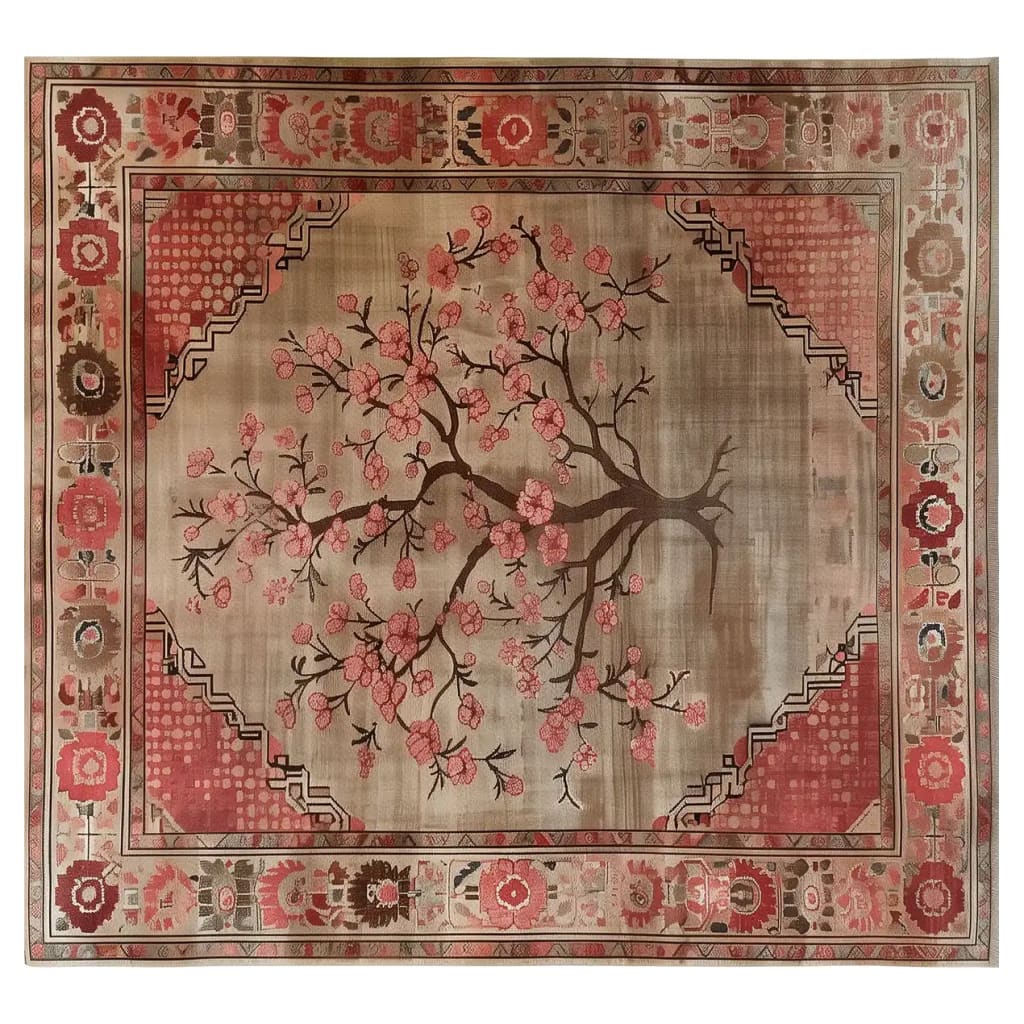 Top view of the Zen Blooms Hand Tufted Wool Rug, showcasing an elegant cherry blossom design with intricate floral borders. This 8x10 area rug is perfect for living rooms, offering a blend of traditional charm and modern aesthetics, crafted from luxurious wool.
