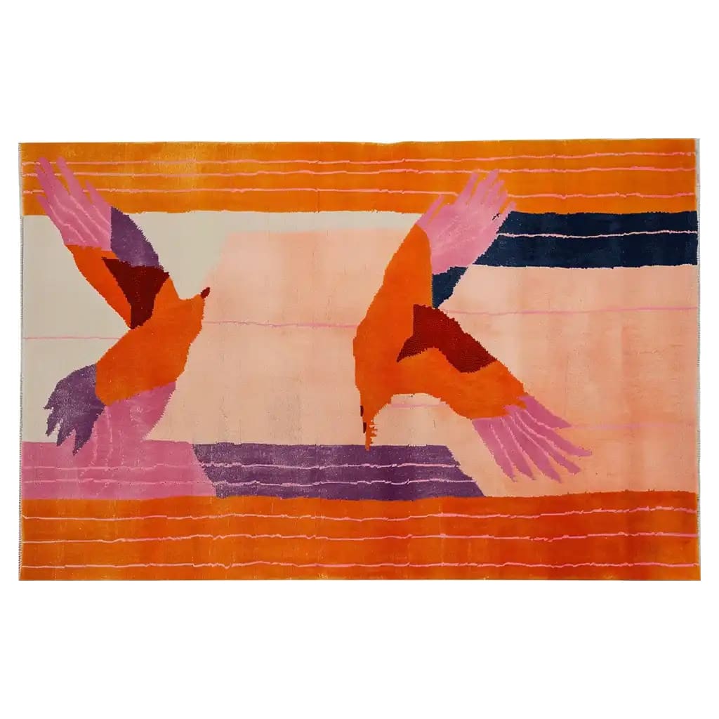 Top view of the Zenith Bloom Hand Tufted Wool Rug, featuring a vibrant abstract design with colorful birds in orange, pink, and purple hues. This 8x10 area rug is perfect for adding a bold statement to living rooms.