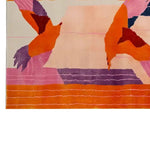 A vibrant Zenith Bloom Hand Tufted Wool Rug featuring bold abstract patterns in shades of orange, pink, and purple. This visually striking 8x10 area rug is perfect for adding a touch of modern art to your living room decor, showcasing the luxurious texture of wool.