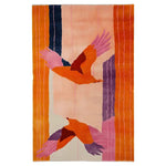 The Zenith Bloom Hand Tufted Wool Rug features a vibrant abstract design with bold colors, ideal for adding a splash of creativity to your living space. This area rug, perfect for living room rugs 8x10, showcases a blend of warm oranges, purples, and pinks with artistic bird motifs, making it a standout piece among area rugs for living room settings.