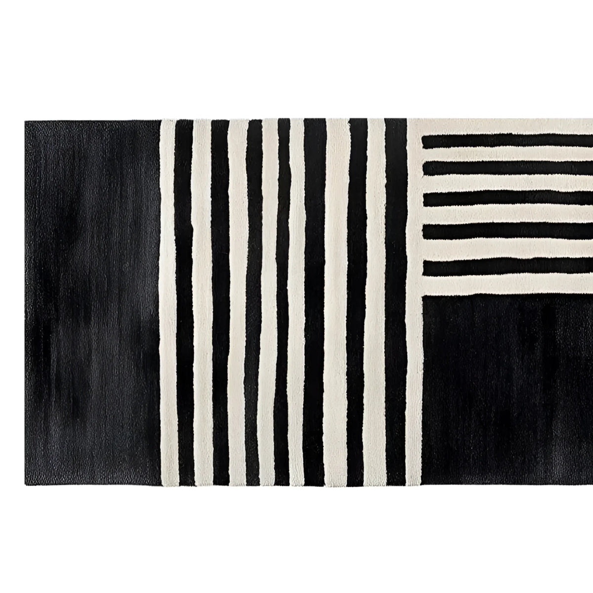 A chic and contemporary runner rug featuring a striking black and white geometric pattern. This hand tufted wool rug, ideal for kitchen runner rugs or hallway runner rug needs, adds a modern touch to any space. Perfect for use as bathroom runner rug or kitchen rugs, offering a stylish and durable option.