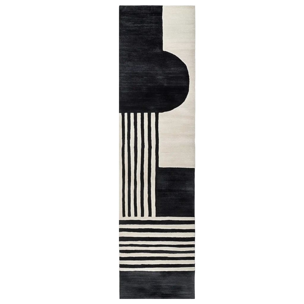 Top view of the Zenith Mosaic Hand Tufted Wool Rug, featuring a striking black and white abstract design. This contemporary runner rug is ideal for adding elegance to kitchen spaces, hallways, or bathrooms. Crafted from high-quality wool, it offers durability and style, perfect for those seeking modern kitchen runner rugs or hallway runner rugs.