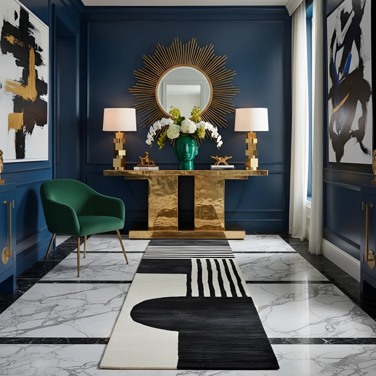 Elegant interior design with a gold console table, green chair, a contemporary hand-tufted wool rug, and abstract art on blue walls.