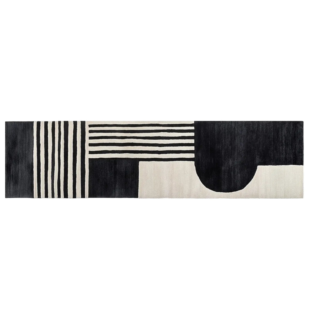 Top view of the Zenith Mosaic Hand Tufted Wool Runner Rug featuring a contemporary abstract black and white geometric design. Ideal for use as a kitchen runner rug, hallway runner rug, or bathroom runner rug, this wool rug adds a modern touch to any space.