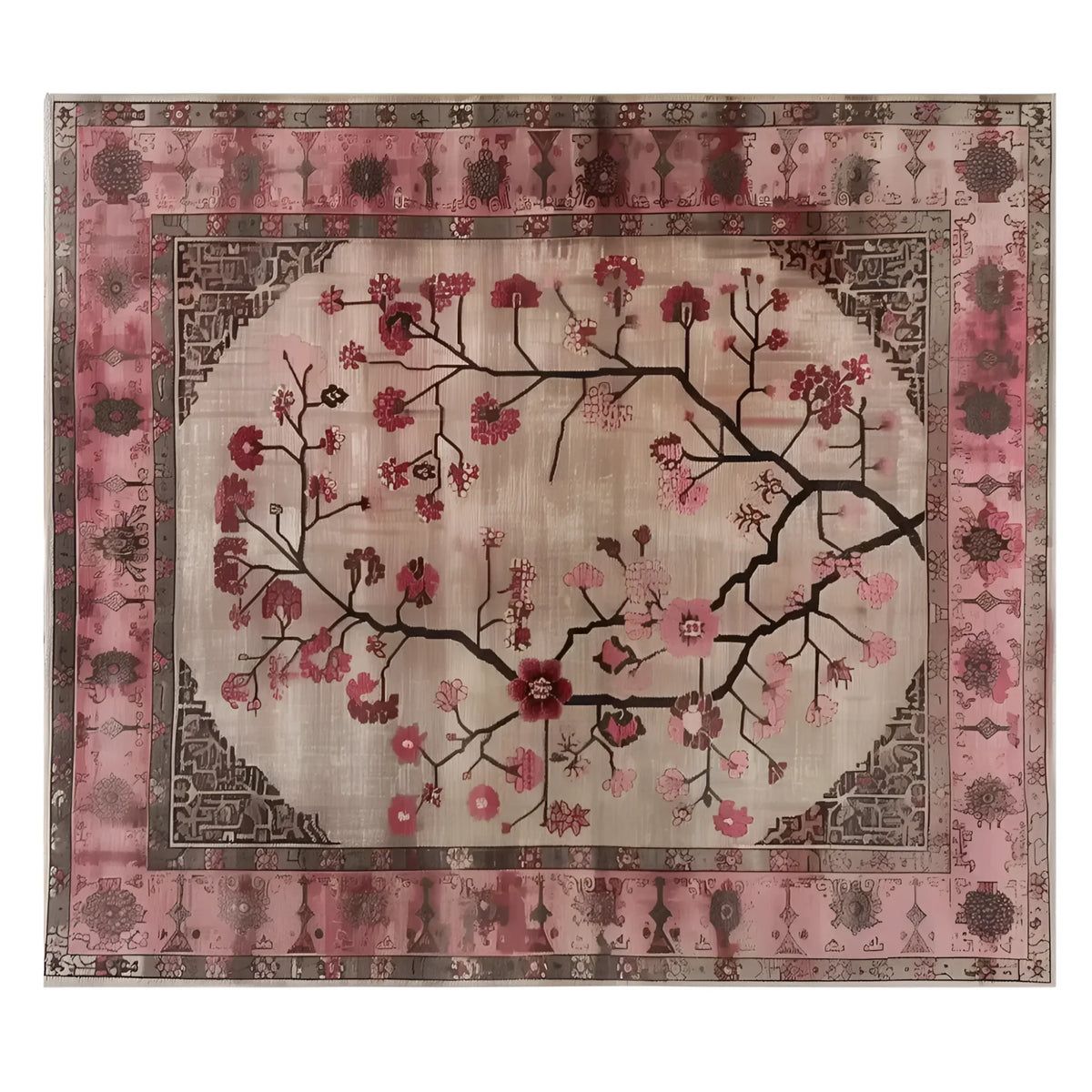Top view of the Zenwood Sanctuary Knotted Wool Rug, an elegant area rug perfect for living room decor. This 8x10 floral rug features a beautifully intricate design with blooming branches in shades of pink and brown, ideal for those seeking stylish living room area rugs.