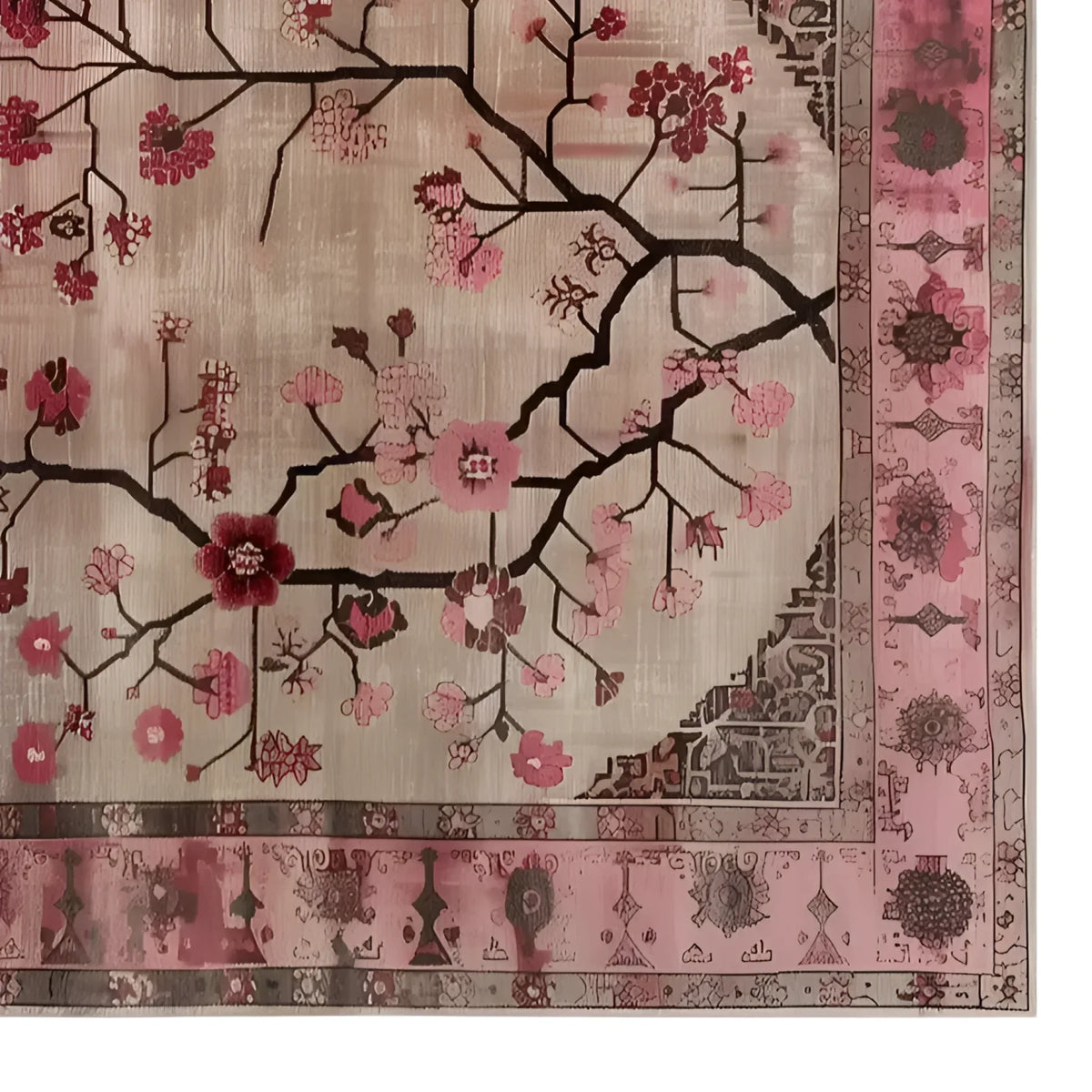 A beautifully detailed area rug featuring a floral design with branches and blossoms in pink and red hues, perfect for an 8x10 living room space. This Zenwood Sanctuary Knotted Wool Rug adds elegance to any living room area, enhancing the ambiance with its intricate patterns.