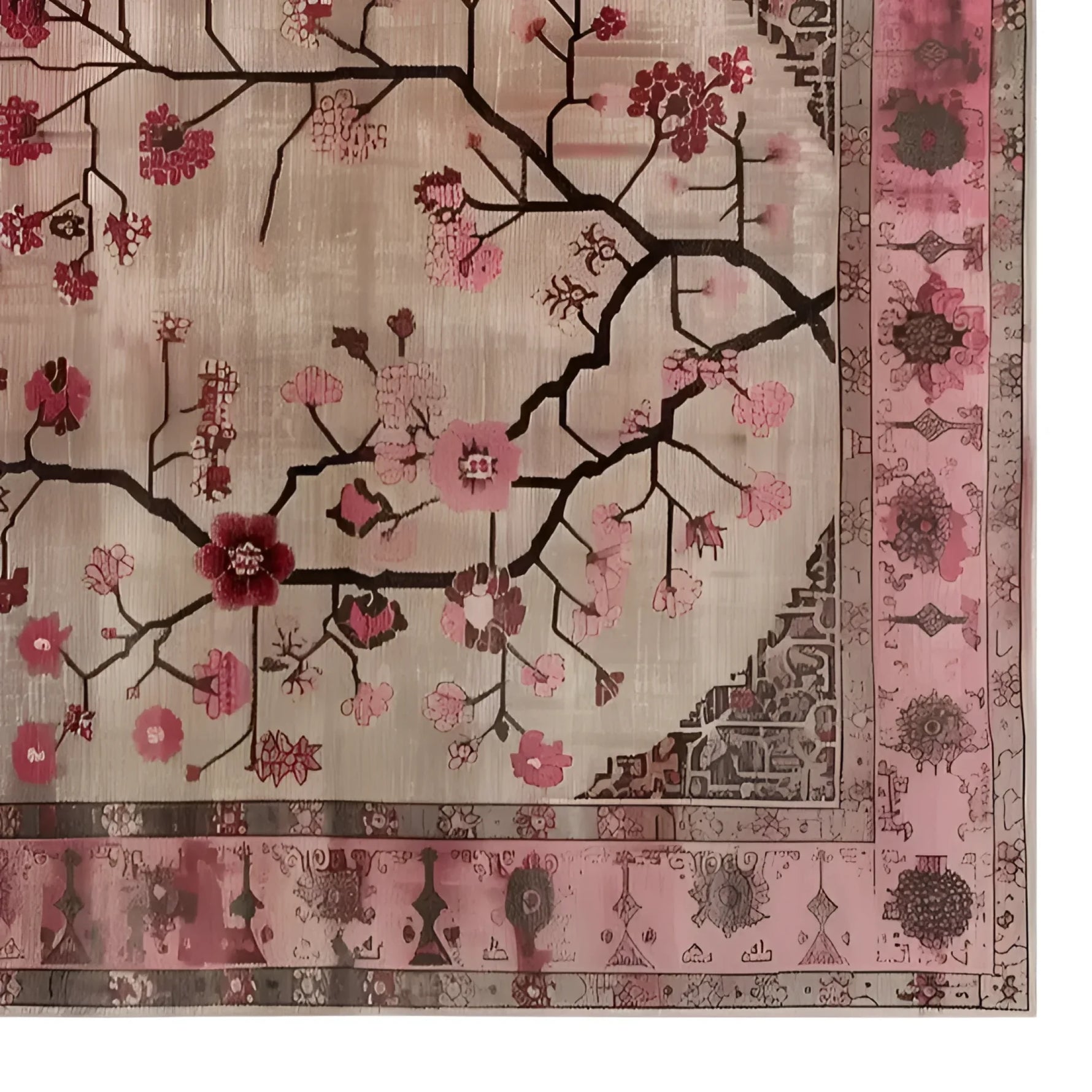 A beautifully detailed area rug featuring a floral design with branches and blossoms in pink and red hues, perfect for an 8x10 living room space. This Zenwood Sanctuary Knotted Wool Rug adds elegance to any living room area, enhancing the ambiance with its intricate patterns.