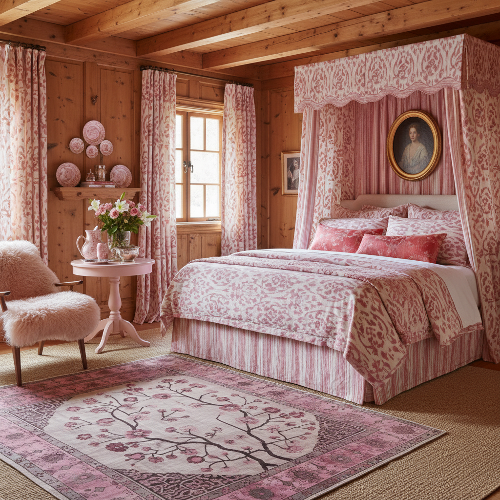 Pink and white bedroom with canopy bed, floral rug, and decorative elements.