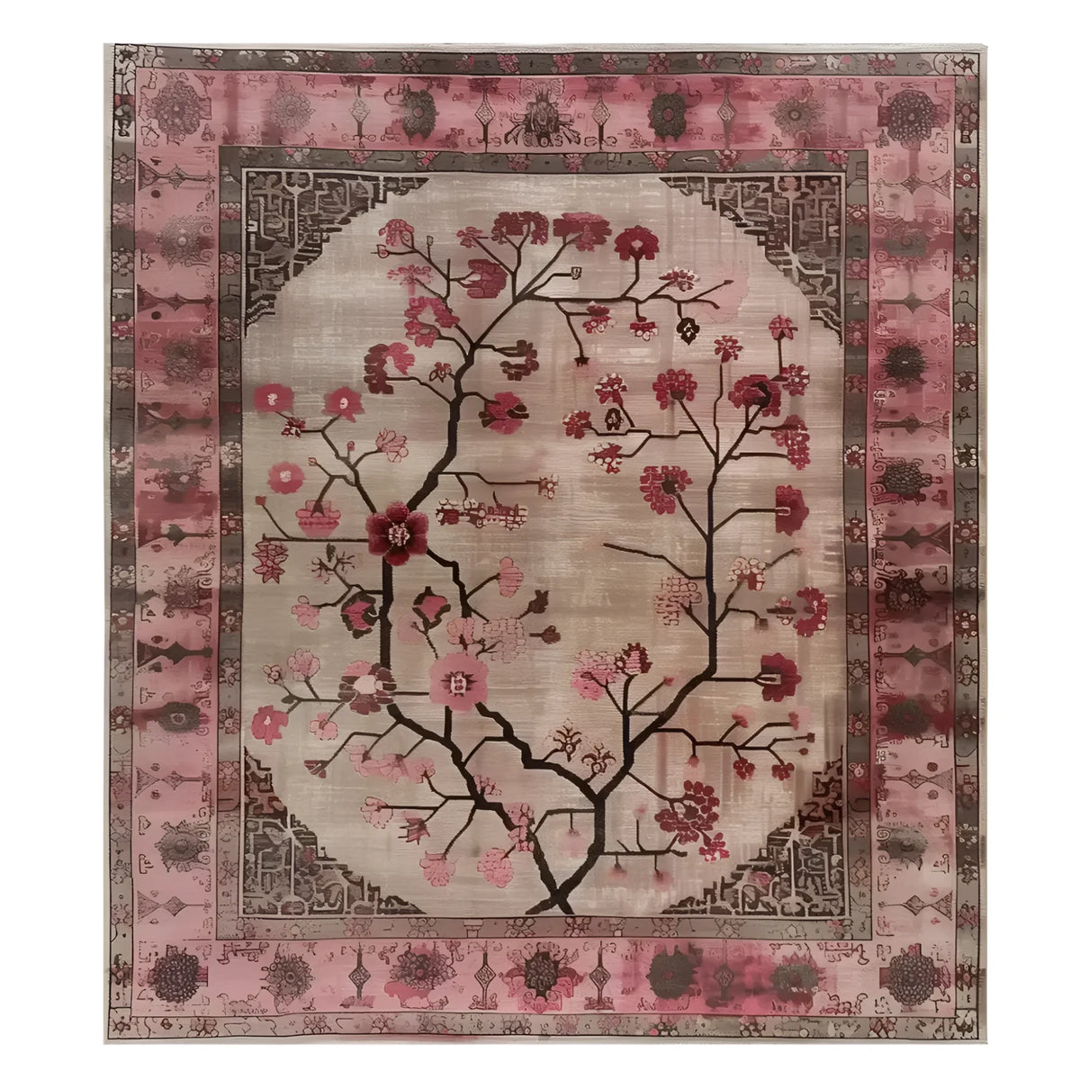 The Zenwood Sanctuary Knotted Wool Rug is a stunning area rug featuring a delicate floral design in shades of pink and beige, perfect for enhancing any living room. This 8x10 living room rug showcases intricate patterns and a vibrant floral motif, making it a charming addition to your home decor.