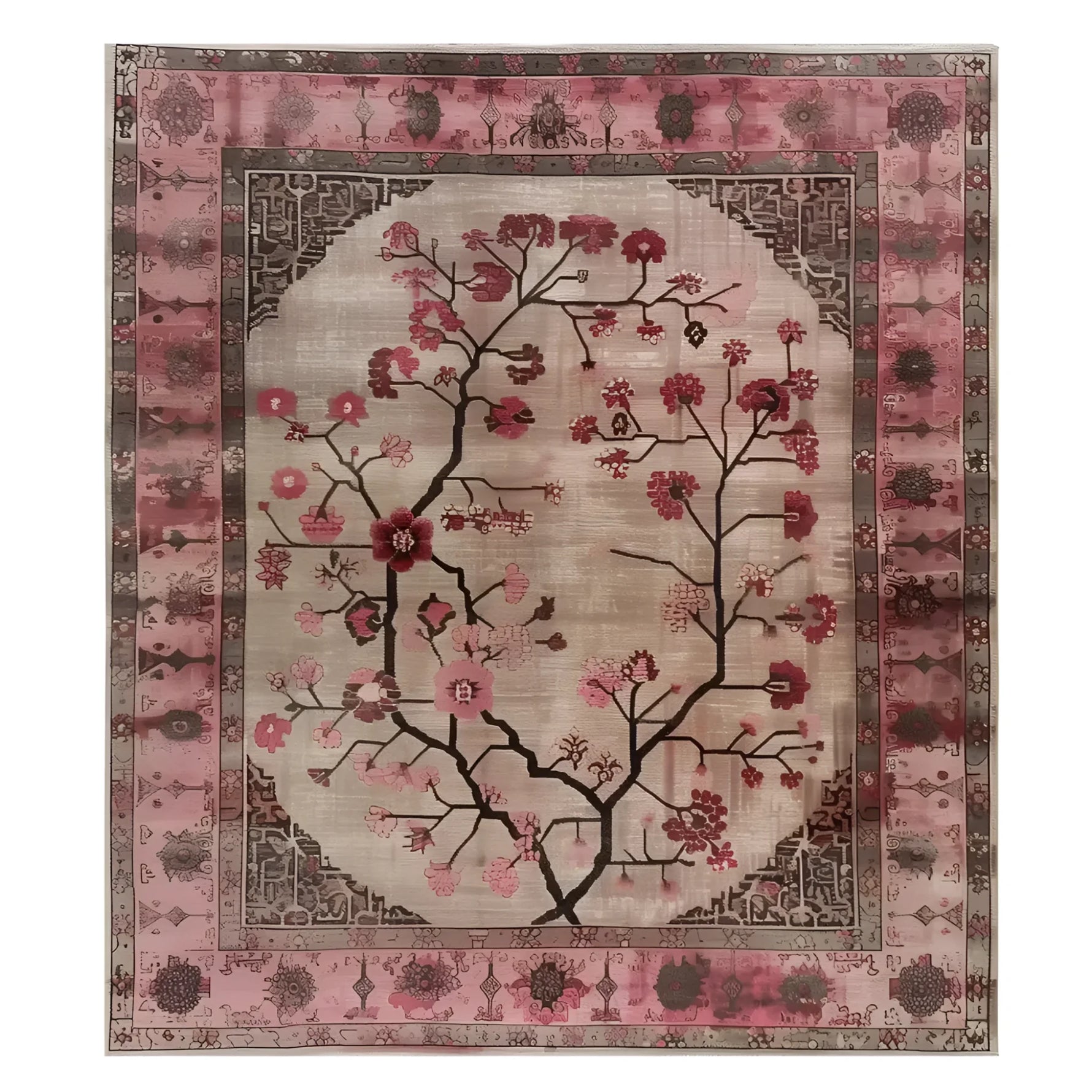 The Zenwood Sanctuary Knotted Wool Rug is a stunning area rug featuring a delicate floral design in shades of pink and beige, perfect for enhancing any living room. This 8x10 living room rug showcases intricate patterns and a vibrant floral motif, making it a charming addition to your home decor.