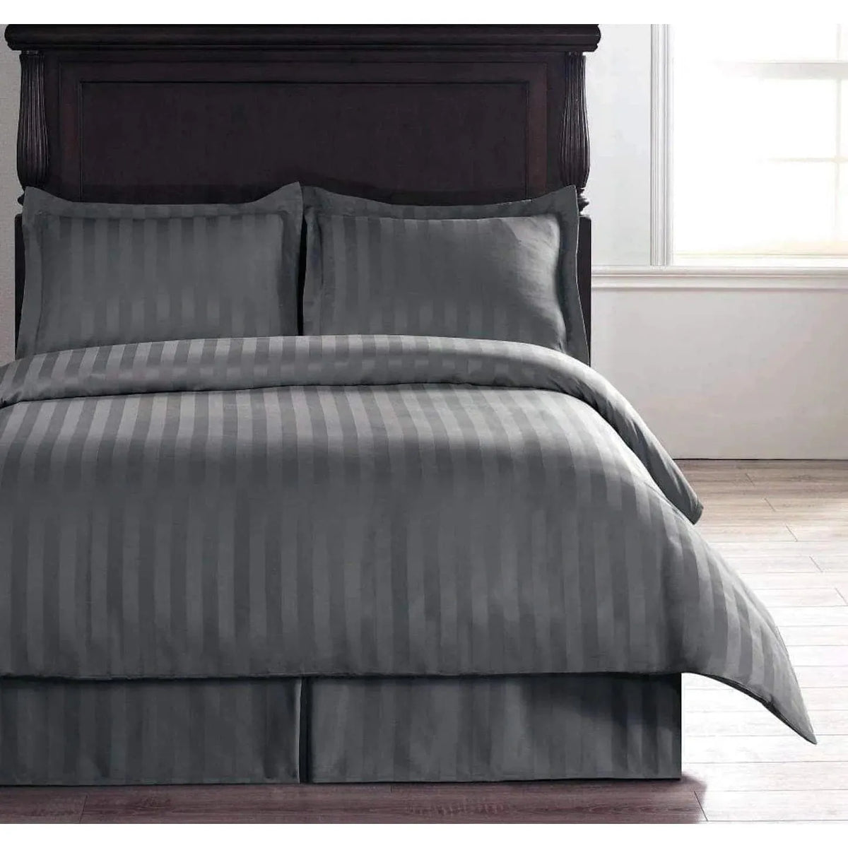 100% Cotton Satin Stripe 210 TC Duvet Cover Set - Dark Gray 4 Piece Sheet Set