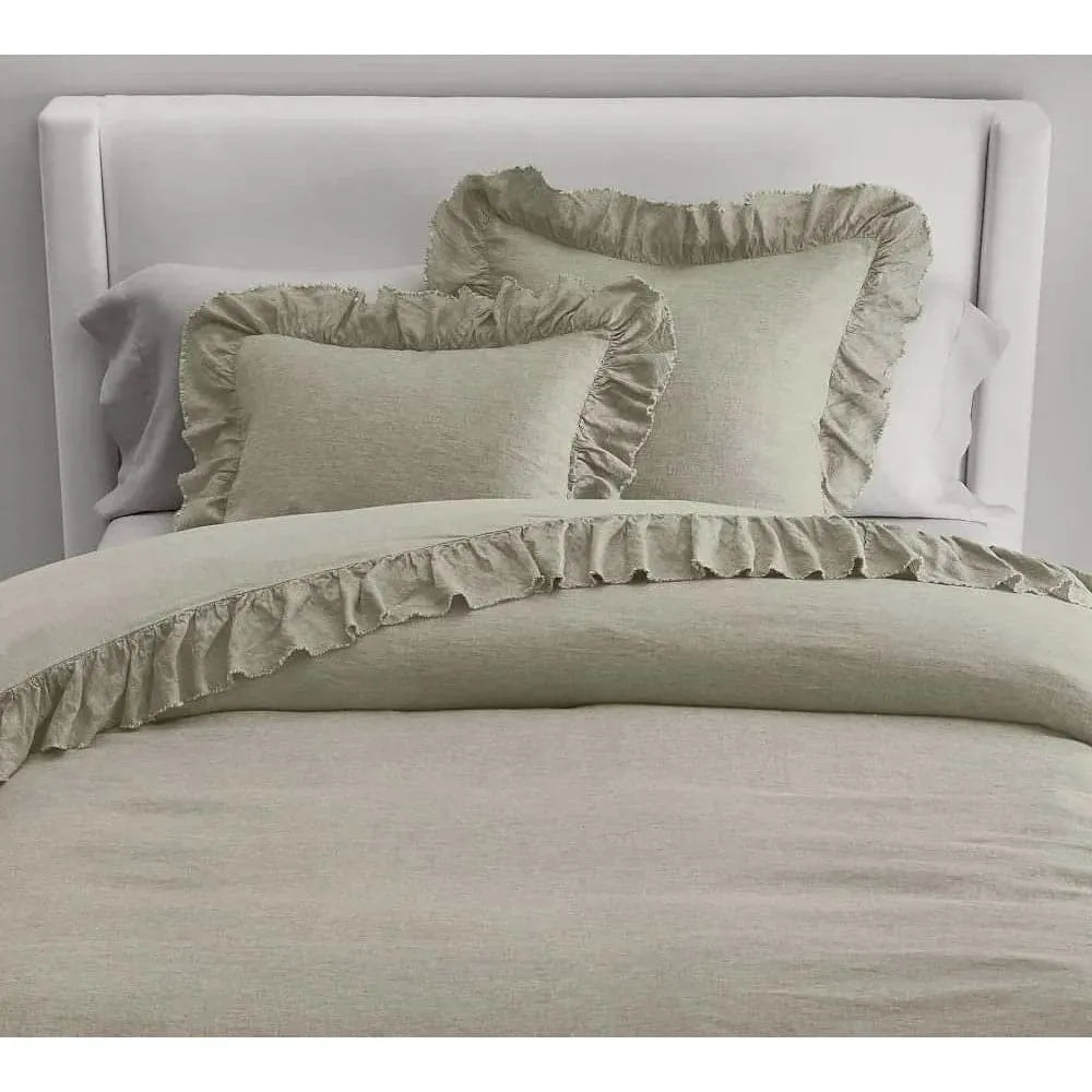 100% Pure Linen Ruffle Duvet Cover Set - Almond Green LinenCotton DuvetSet