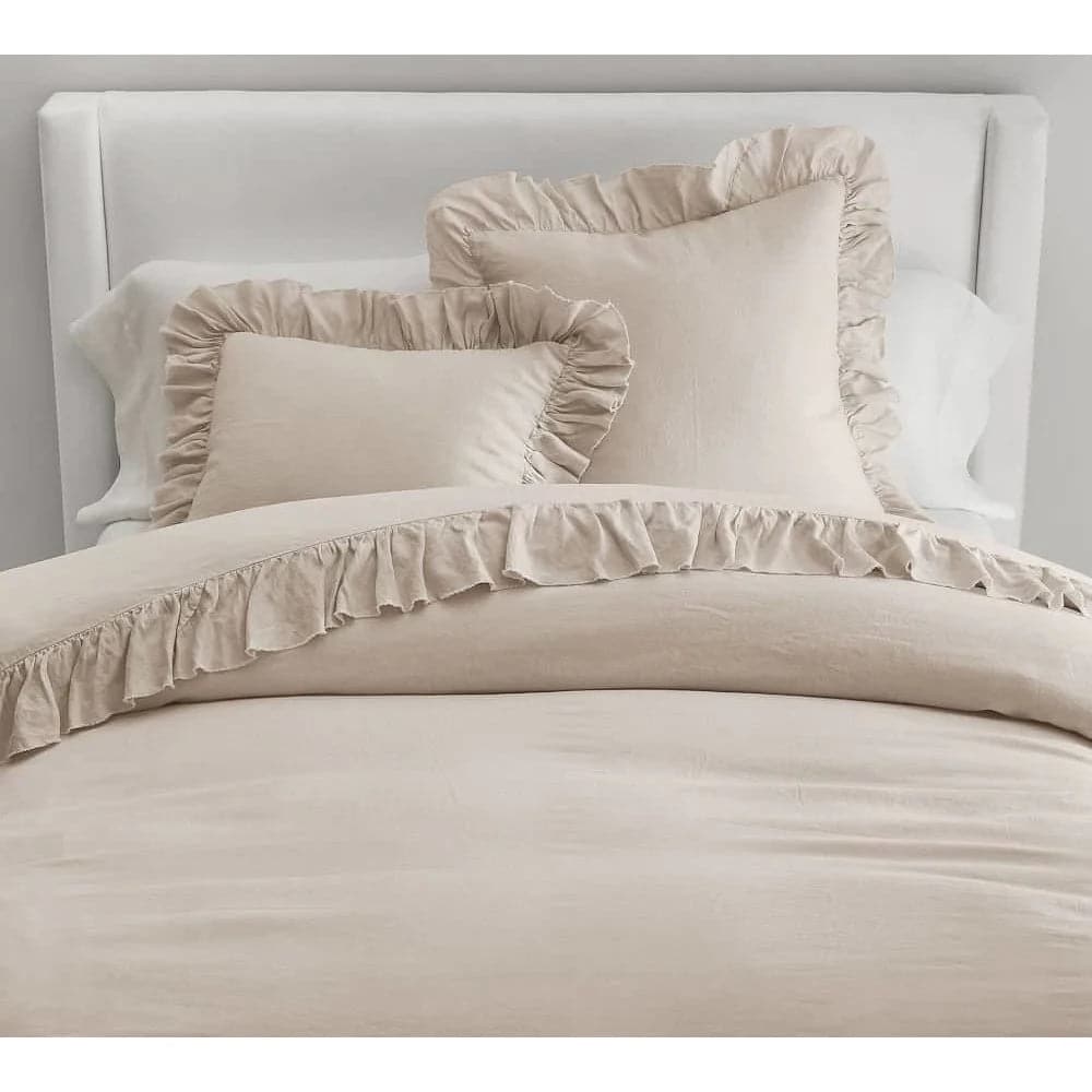 100% Pure Linen Ruffle Duvet Cover Set - Baby Pink - MAIA HOMES