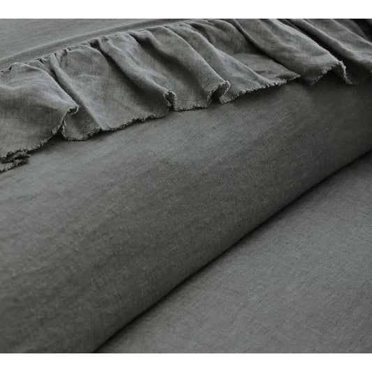 100% Pure Linen Ruffle Duvet Cover Set - Charcoal Gray - MAIA HOMES