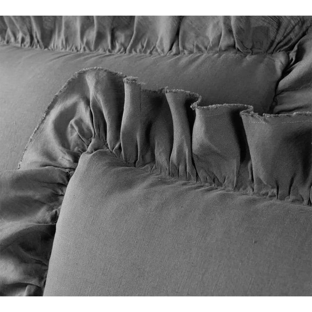 100% Pure Linen Ruffle Duvet Cover Set - Charcoal Gray - MAIA HOMES