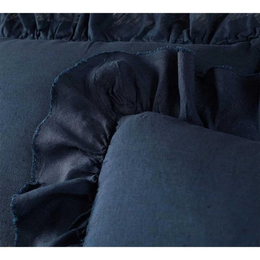 100% Pure Linen Ruffle Duvet Cover Set - Dark Navy Blue - MAIA HOMES