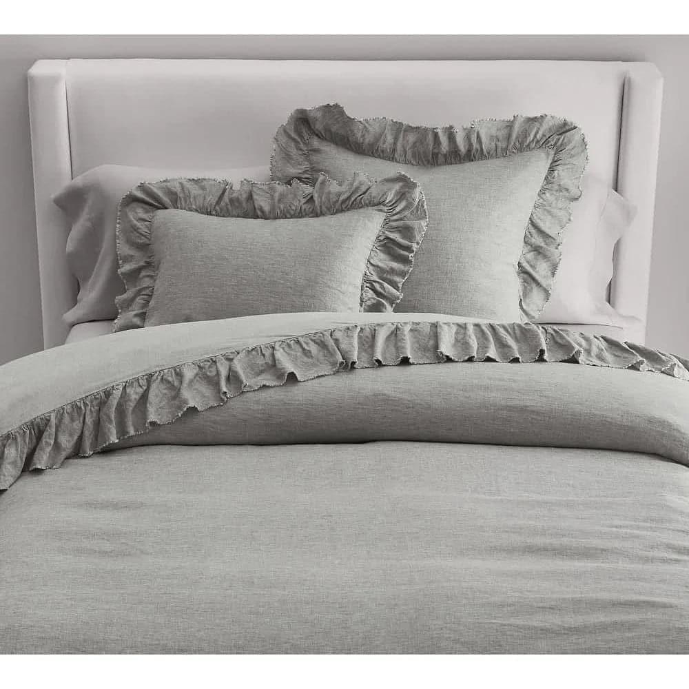 100% Pure Linen Ruffle Duvet Cover Set - Light Gray - MAIA HOMES