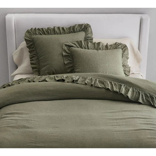 100% Pure Linen Ruffle Duvet Cover Set - Moss Green - MAIA HOMES