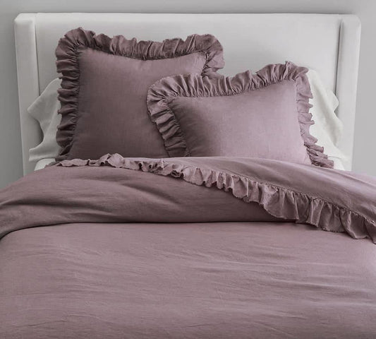 100% Pure Linen Ruffle Duvet Cover Set - Mulberry Pink - MAIA HOMES