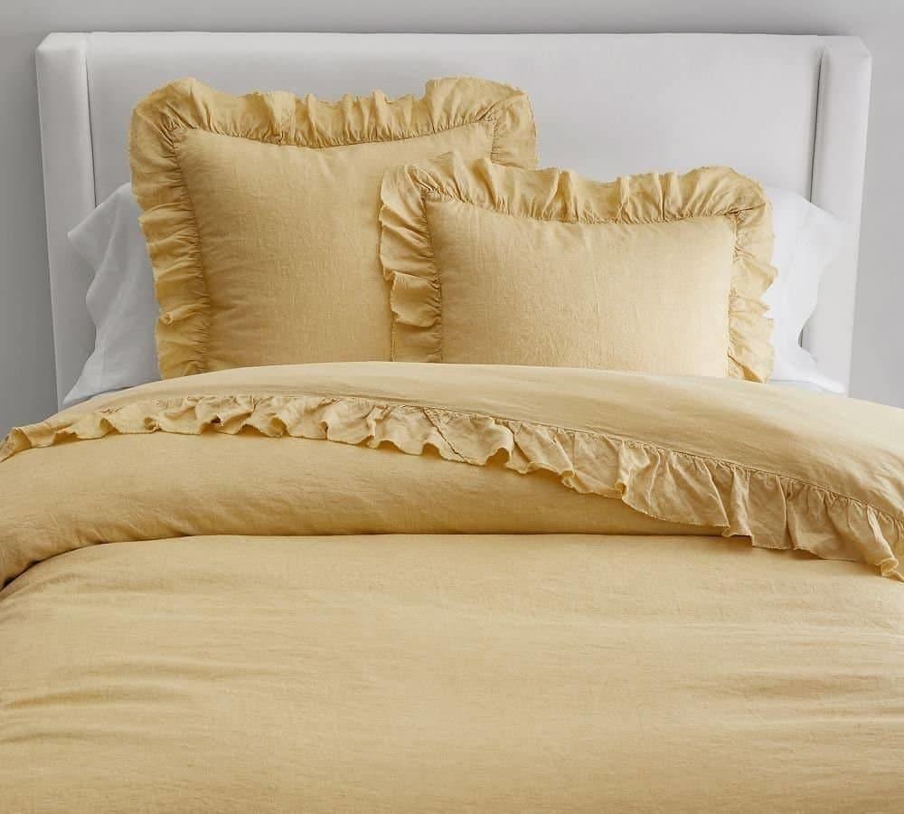 100% Pure Linen Ruffle Duvet Cover Set - Yellow - MAIA HOMES
