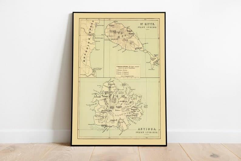 1853 Antigua and Saint Kitts Islands Map Print| West Indies Map Poster - MAIA HOMES