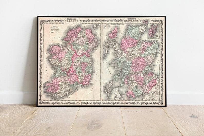 1862 Map of Scotland and Ireland| Scotland Old Map