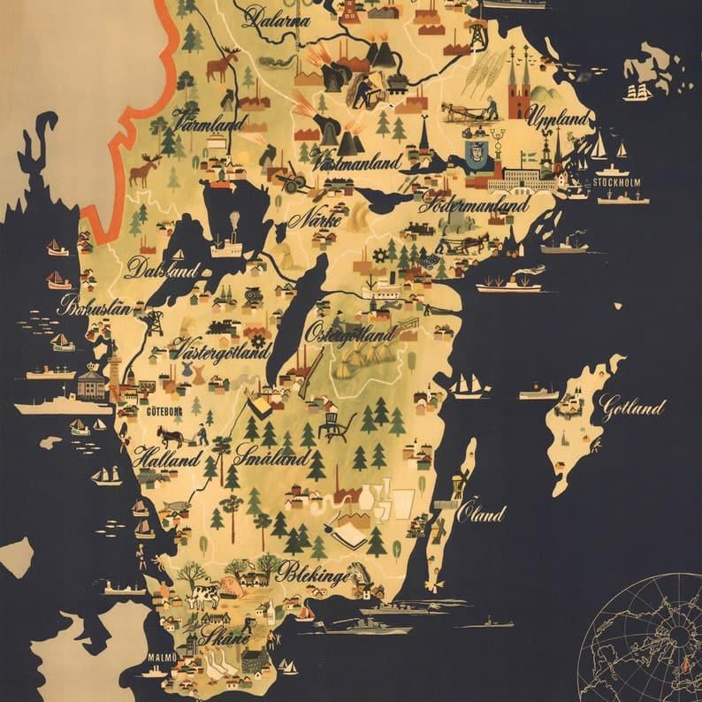 1948 Sweden Pictorial Map Print| Sweden Vintage Maps Wall Decor - MAIA HOMES