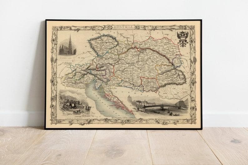 19th Century Austria Map Poster for Wall Decor| Old Map Austria Wall Print - MAIA HOMES