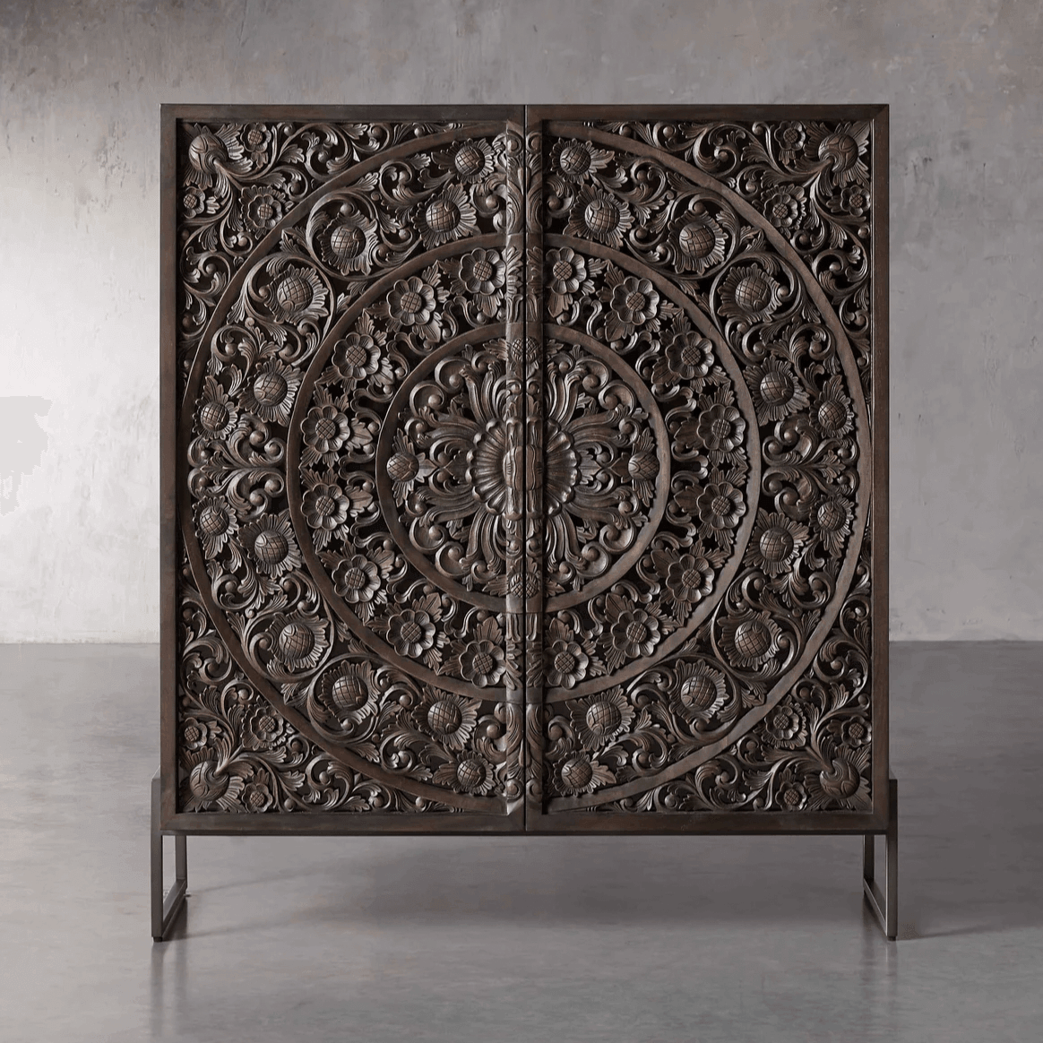 2-Door Floral Mandala Hand Carved Armoire Cabinet