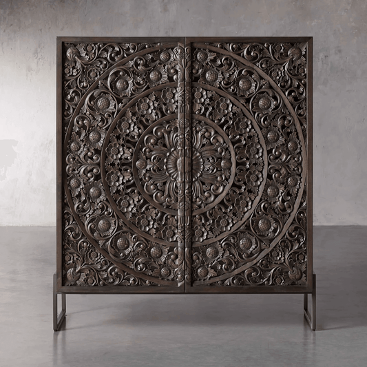 2-Door Floral Mandala Hand Carved Armoire Cabinet - MAIA HOMES