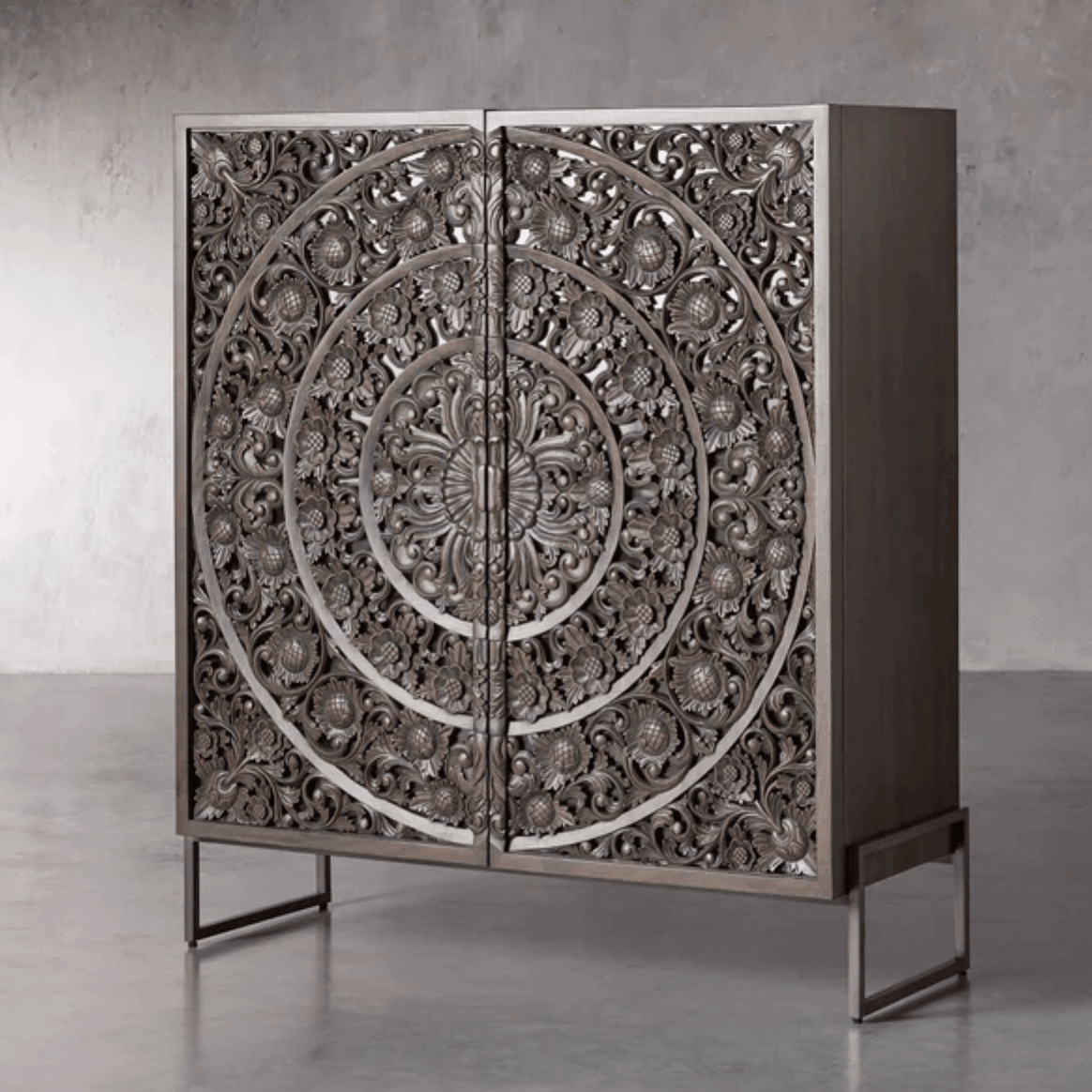 2-Door Floral Mandala Hand Carved Armoire Cabinet