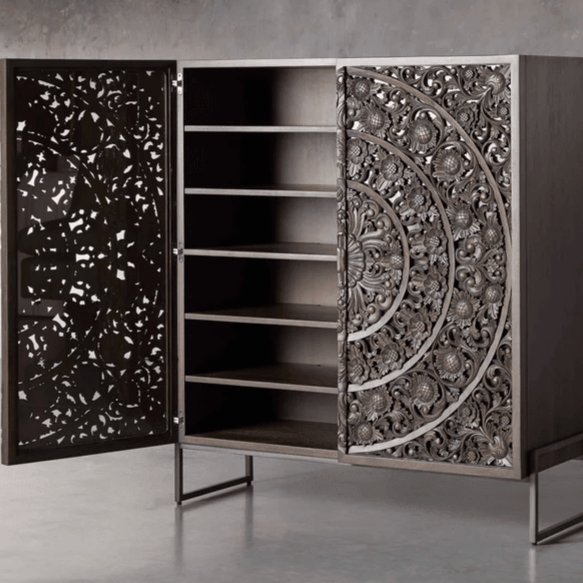 2-Door Floral Mandala Hand Carved Armoire Cabinet - MAIA HOMES