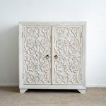 2-Doors Distressed White Floral Wooden Cabinet