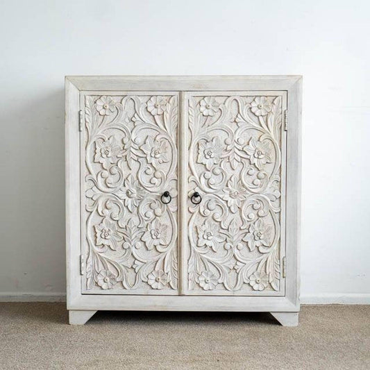 2-Doors Distressed White Floral Wooden Cabinet - MAIA HOMES
