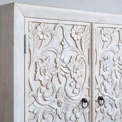 2-Doors Distressed White Floral Wooden Cabinet