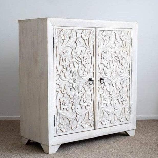 2-Doors Distressed White Floral Wooden Cabinet