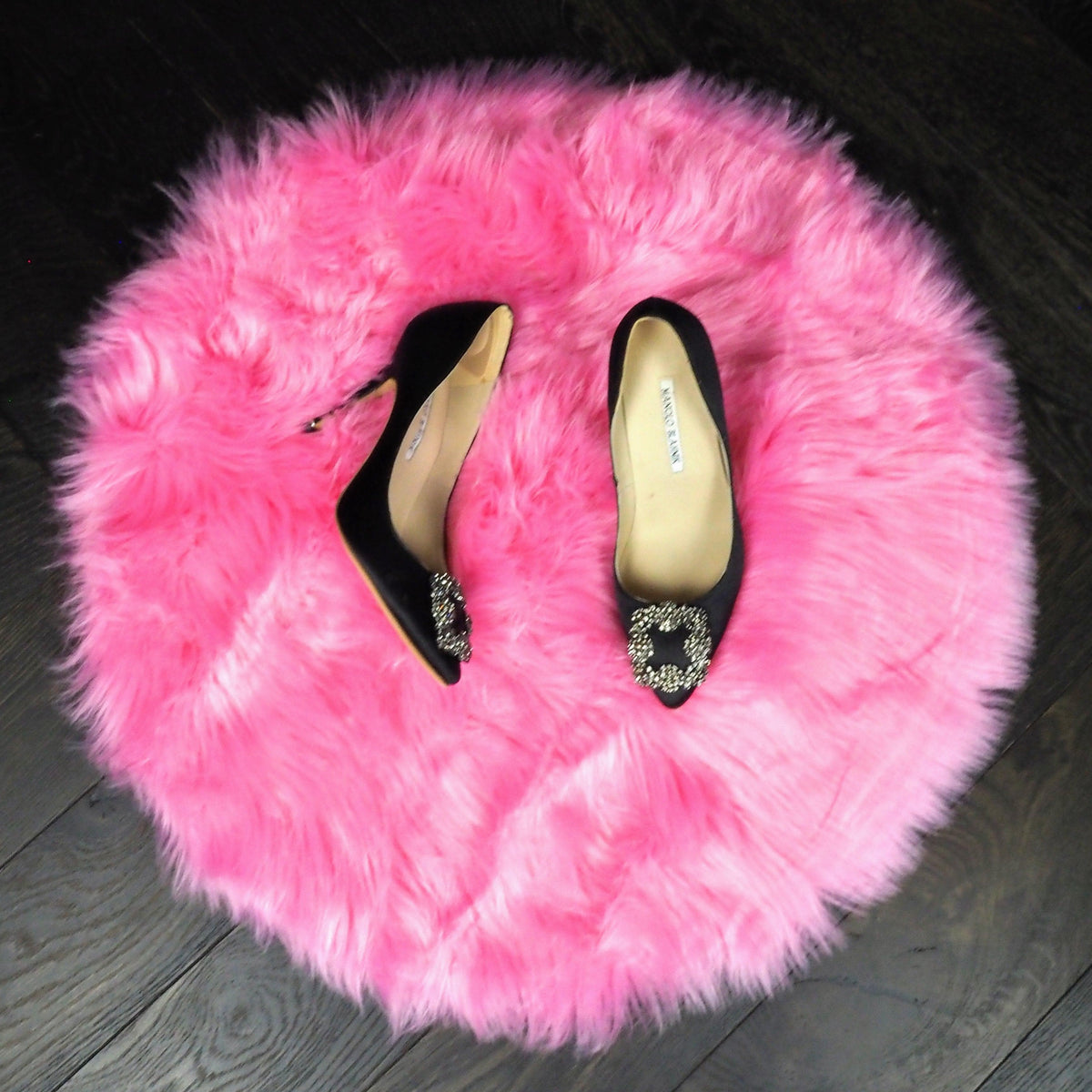 2' Round Artificial Wool Faux Fur Rug - Hot Pink