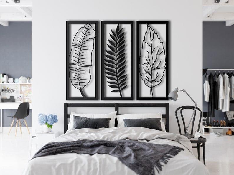 3 Panel Leaves Metal Wall Hanging Black